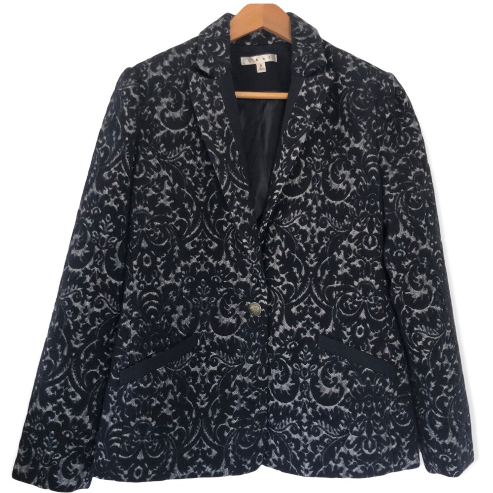 CAbi Jacquard Blazer Navy Blue Wool Blend Flocked Jacket #109 Women’s Size 6